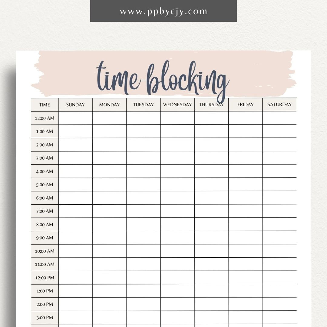 24 Hour Time Blocking Printable Template – Digital Download for Daily Time Management and Scheduling