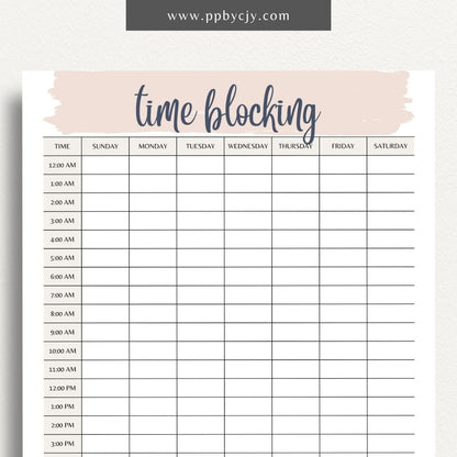 24 Hour Time Blocking Printable Template – Digital Download for Daily Time Management and Scheduling