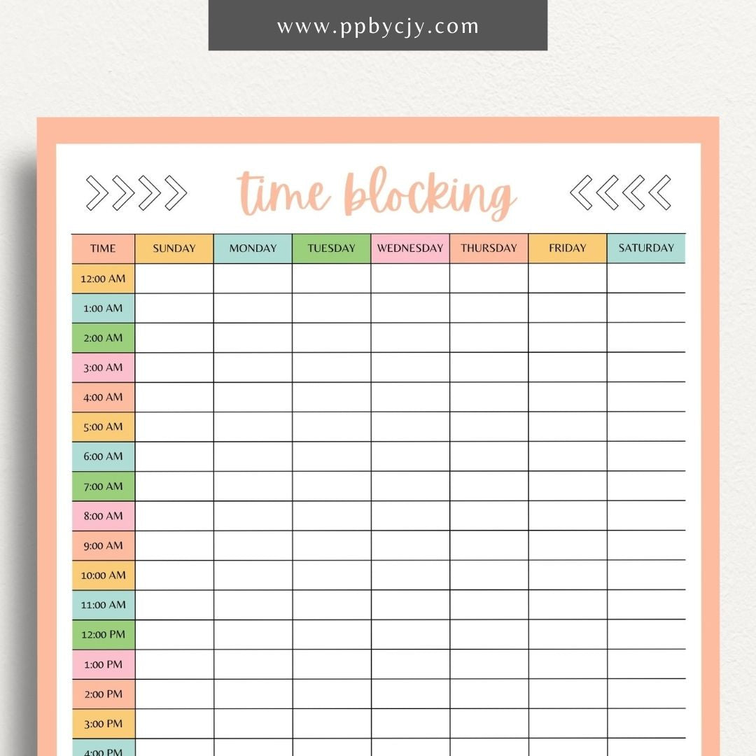 24 Hour Time Blocking Printable Template – Digital Download for Daily Time Management and Scheduling