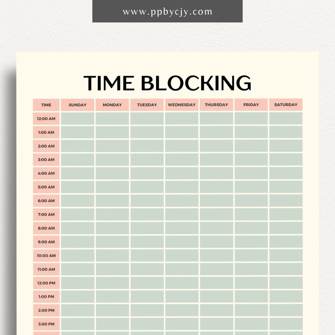 24 Hour Time Blocking Printable Template – Digital Download for Daily Time Management and Scheduling