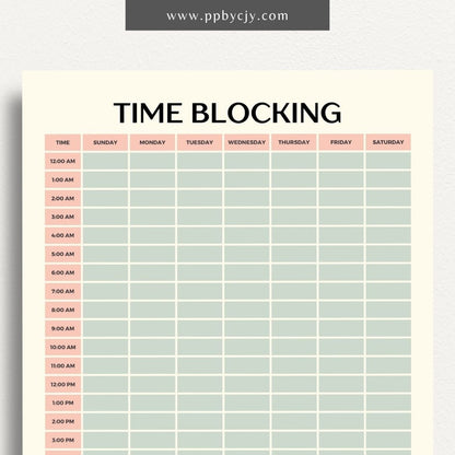 24 Hour Time Blocking Printable Template – Digital Download for Daily Time Management and Scheduling