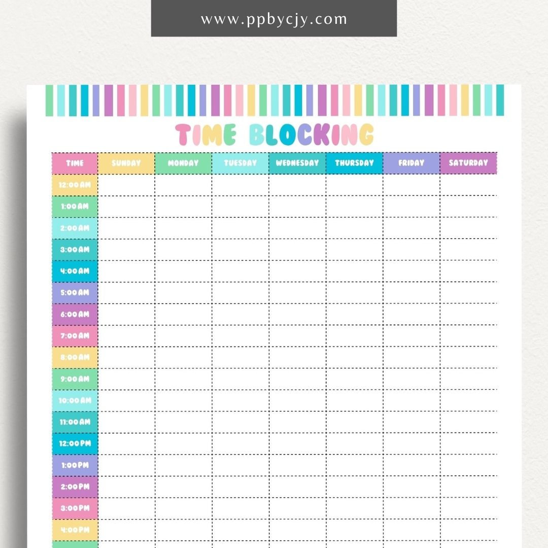 24 Hour Time Blocking Printable Template – Digital Download for Daily Time Management and Scheduling