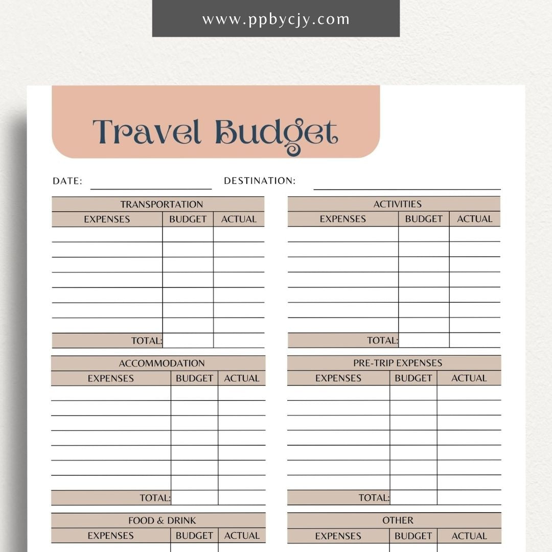 printable template page with columns and rows related to travel budgets