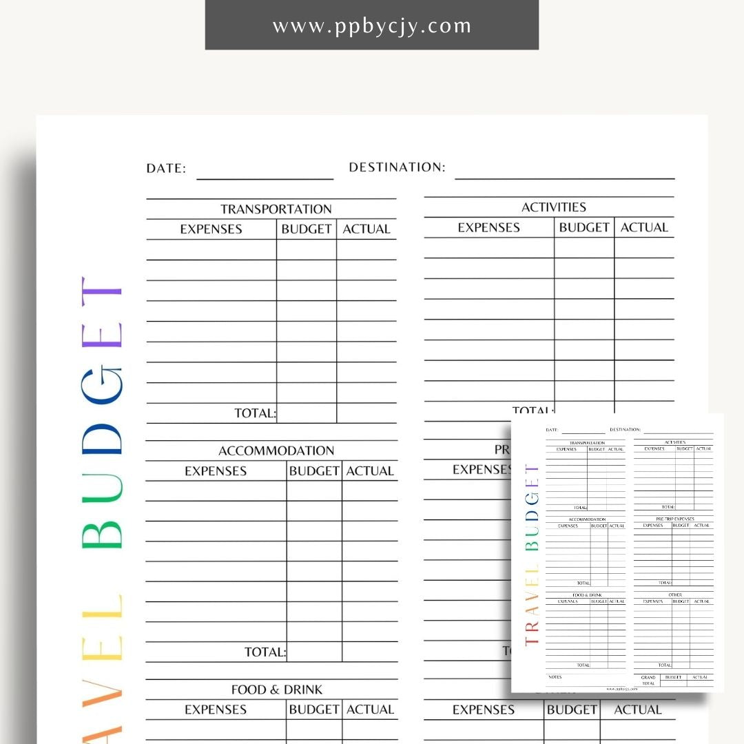 printable template page with columns and rows related to travel budgets