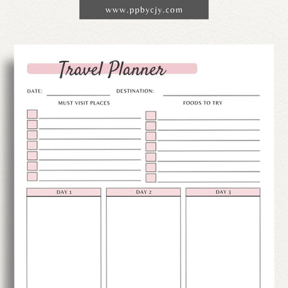 printable template page with columns and rows related to travel itinerary