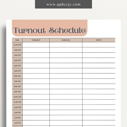 Equine Turnout Schedule Printable Template – Digital download for organizing and managing turnout times and routines for horses, including schedules, durations, and pasture details