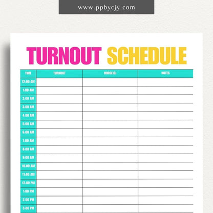 Equine Turnout Schedule Printable Template – Digital download for organizing and managing turnout times and routines for horses, including schedules, durations, and pasture details