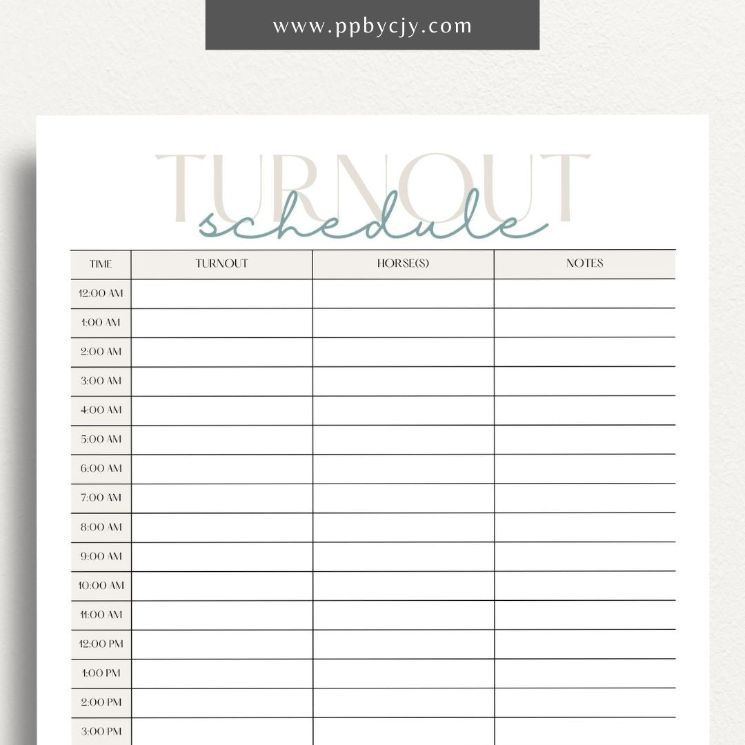 Equine Turnout Schedule Printable Template – Digital download for organizing and managing turnout times and routines for horses, including schedules, durations, and pasture details