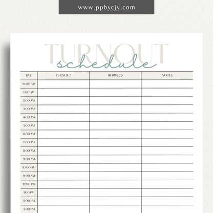 Equine Turnout Schedule Printable Template – Digital download for organizing and managing turnout times and routines for horses, including schedules, durations, and pasture details