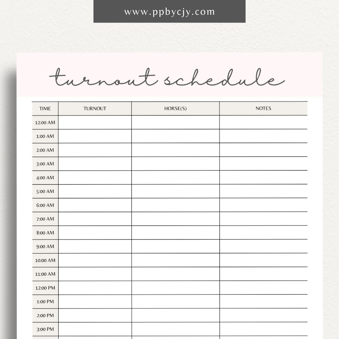 Equine Turnout Schedule Printable Template – Digital download for organizing and managing turnout times and routines for horses, including schedules, durations, and pasture details