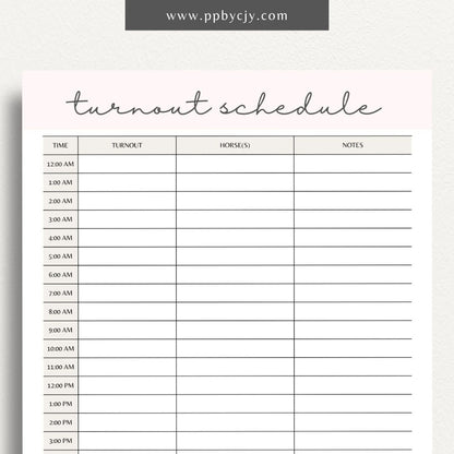 Equine Turnout Schedule Printable Template – Digital download for organizing and managing turnout times and routines for horses, including schedules, durations, and pasture details