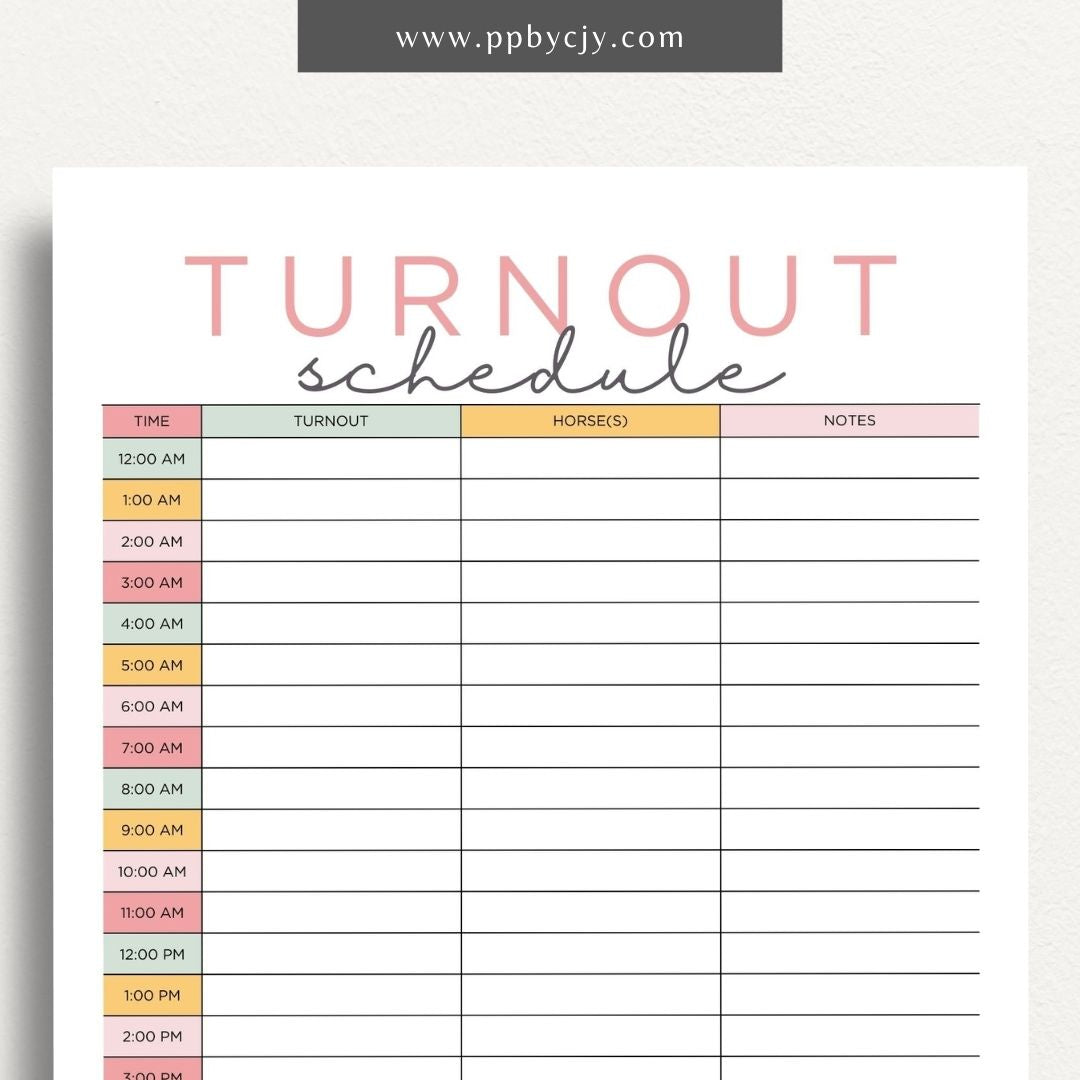 Equine Turnout Schedule Printable Template – Digital download for organizing and managing turnout times and routines for horses, including schedules, durations, and pasture details