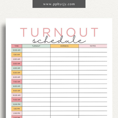 Equine Turnout Schedule Printable Template – Digital download for organizing and managing turnout times and routines for horses, including schedules, durations, and pasture details