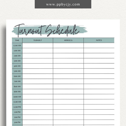 Equine Turnout Schedule Printable Template – Digital download for organizing and managing turnout times and routines for horses, including schedules, durations, and pasture details