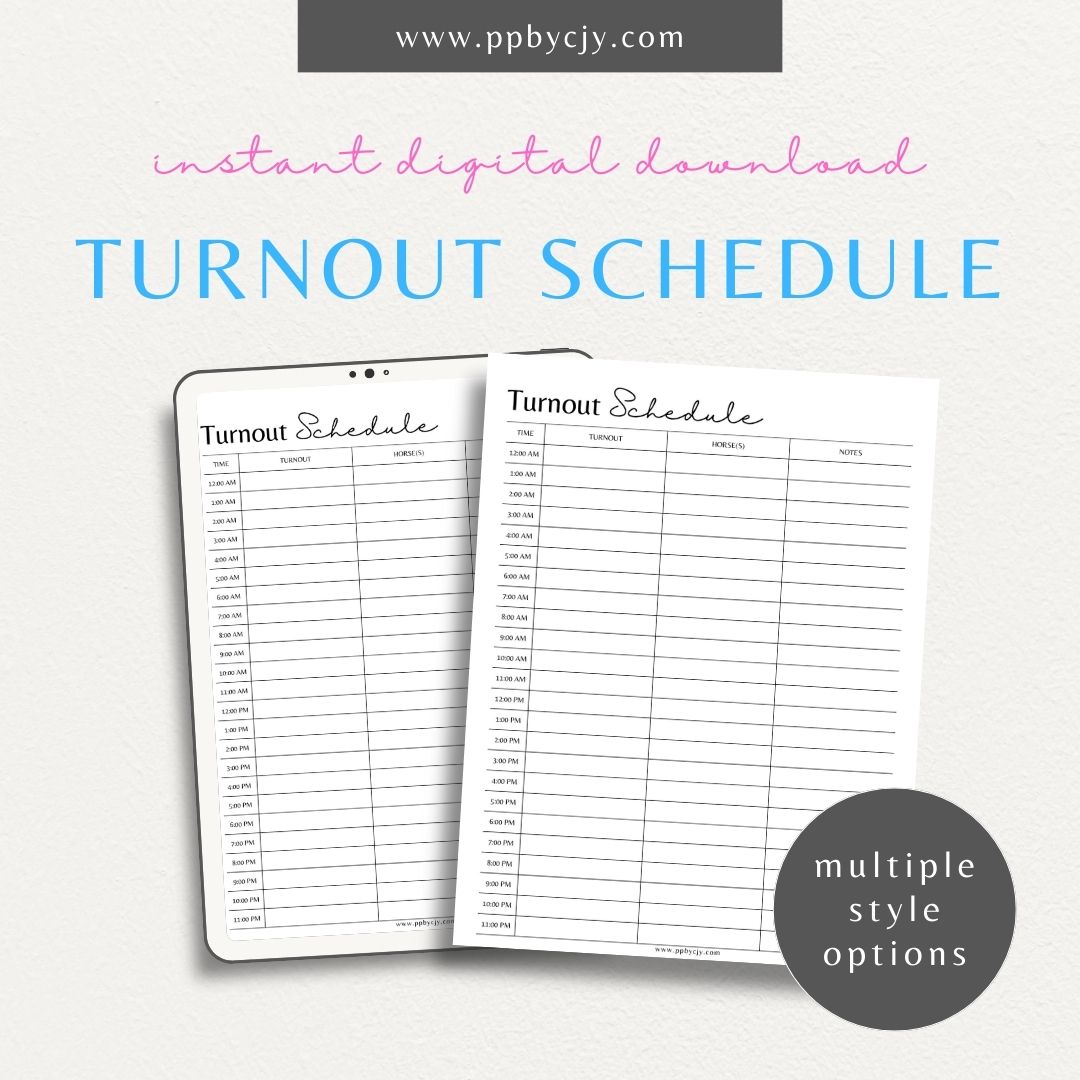 Equine Turnout Schedule Printable Template – Digital download for organizing and managing turnout times and routines for horses, including schedules, durations, and pasture details