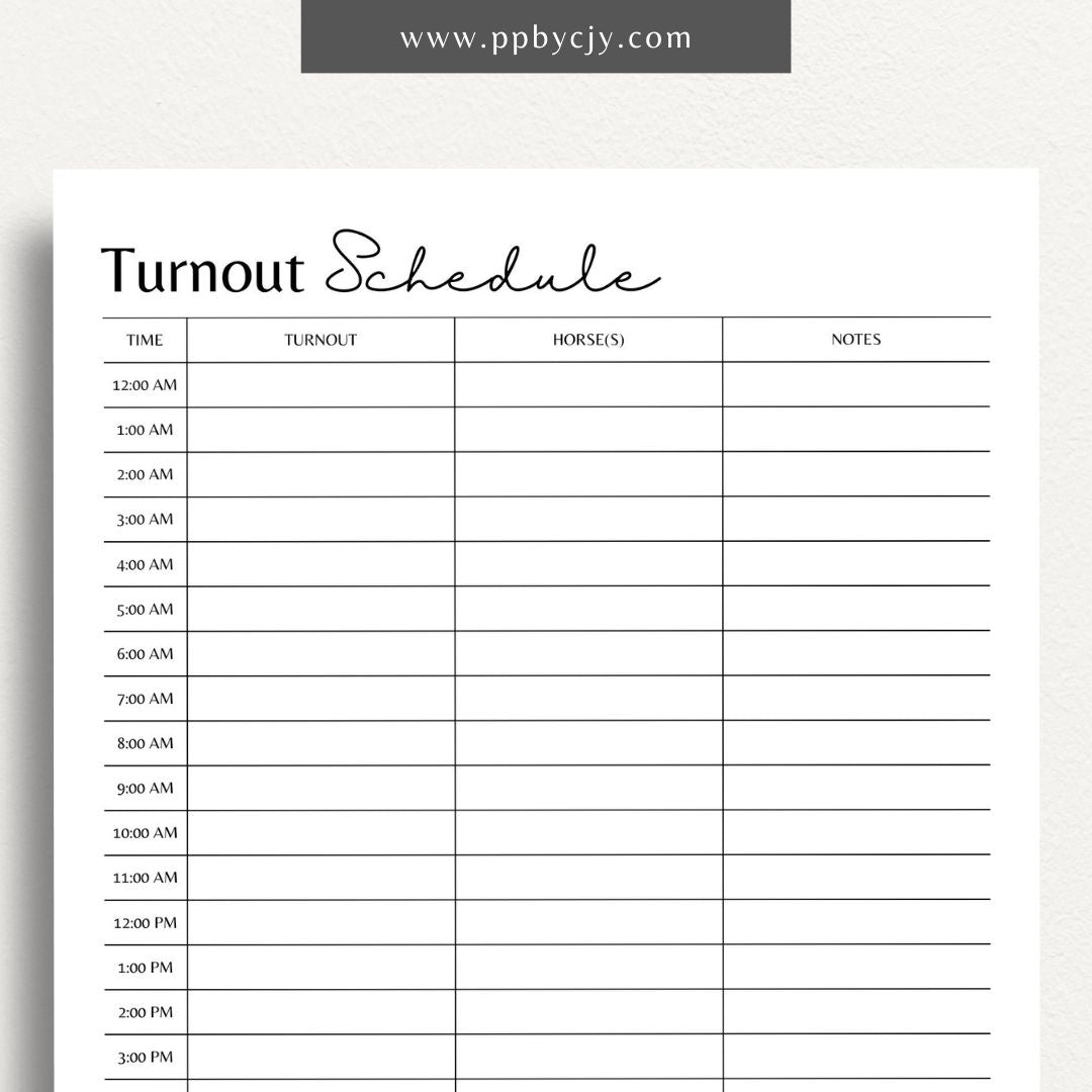 Equine Turnout Schedule Printable Template – Digital download for organizing and managing turnout times and routines for horses, including schedules, durations, and pasture details