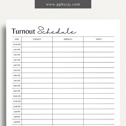 Equine Turnout Schedule Printable Template – Digital download for organizing and managing turnout times and routines for horses, including schedules, durations, and pasture details