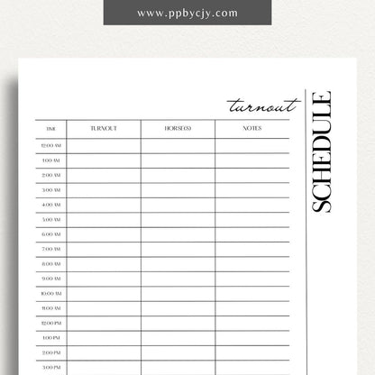 Equine Turnout Schedule Printable Template – Digital download for organizing and managing turnout times and routines for horses, including schedules, durations, and pasture details