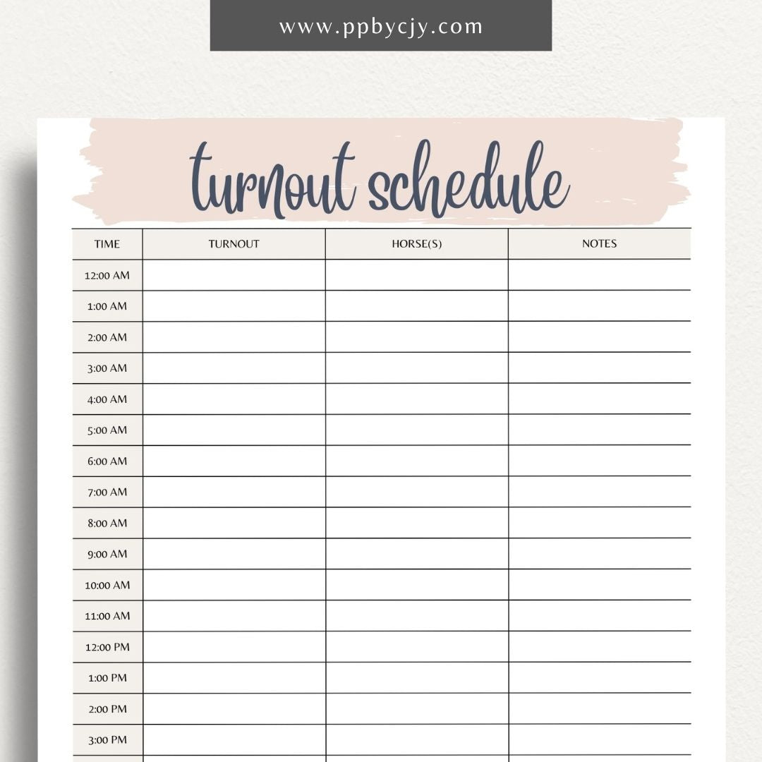 Equine Turnout Schedule Printable Template – Digital download for organizing and managing turnout times and routines for horses, including schedules, durations, and pasture details