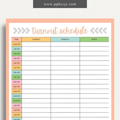 Equine Turnout Schedule Printable Template – Digital download for organizing and managing turnout times and routines for horses, including schedules, durations, and pasture details