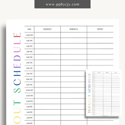 Equine Turnout Schedule Printable Template – Digital download for organizing and managing turnout times and routines for horses, including schedules, durations, and pasture details