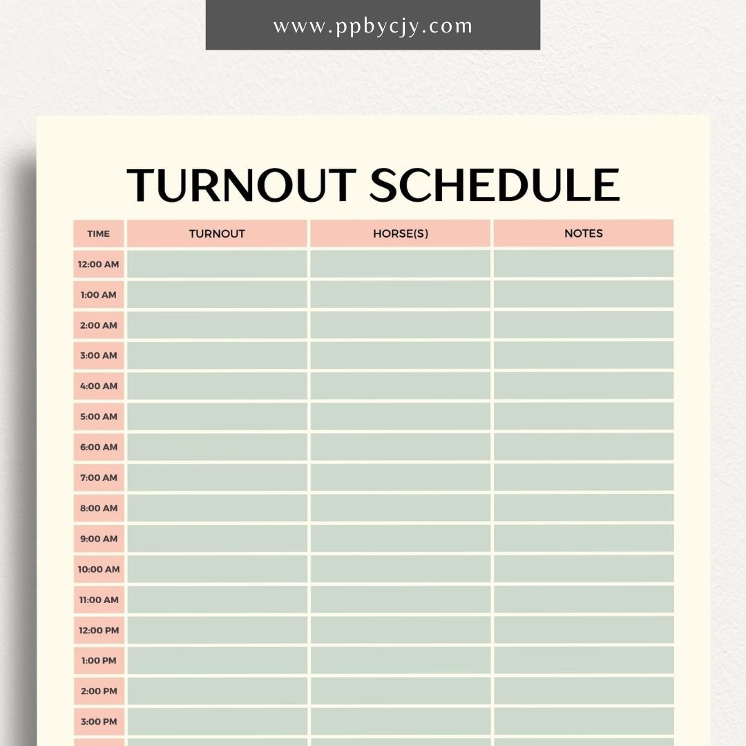 Equine Turnout Schedule Printable Template – Digital download for organizing and managing turnout times and routines for horses, including schedules, durations, and pasture details