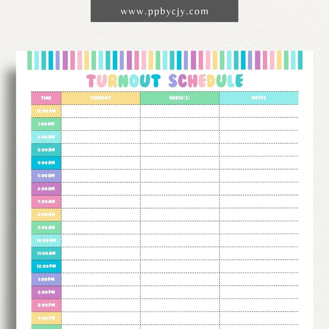 Equine Turnout Schedule Printable Template – Digital download for organizing and managing turnout times and routines for horses, including schedules, durations, and pasture details