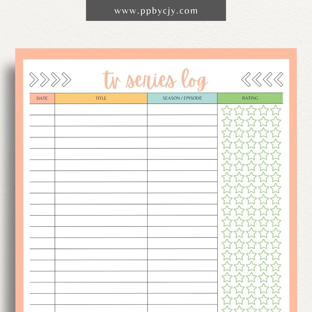 TV Series Watch List Printable Template – Digital download for organizing and tracking TV series you want to watch, including show titles, seasons, and episodes