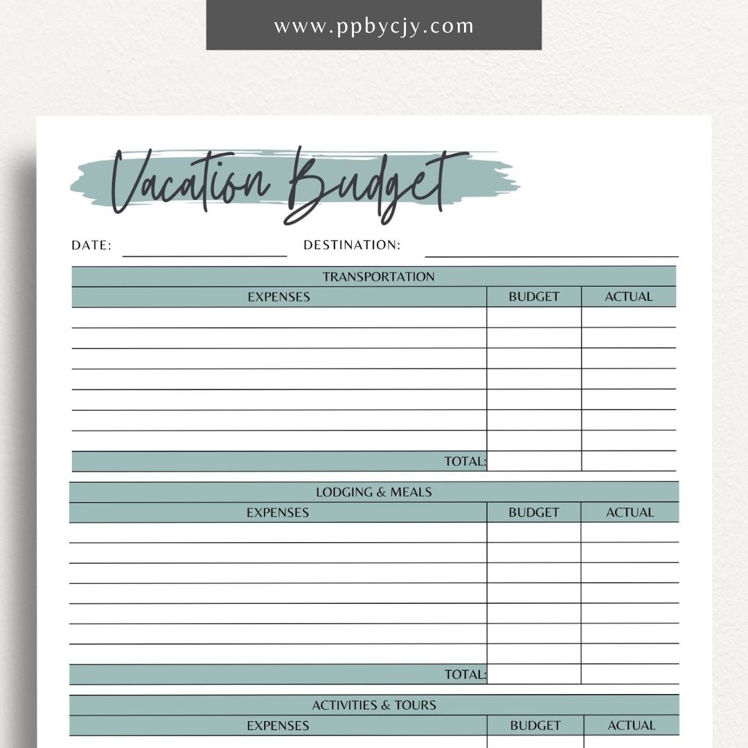 printable template page with columns and rows related to vacation budgets