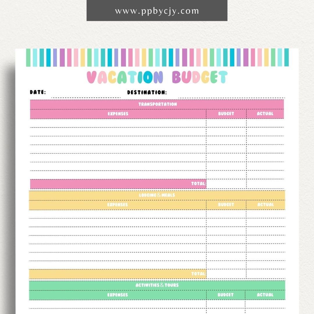 printable template page with columns and rows related to vacation budgets