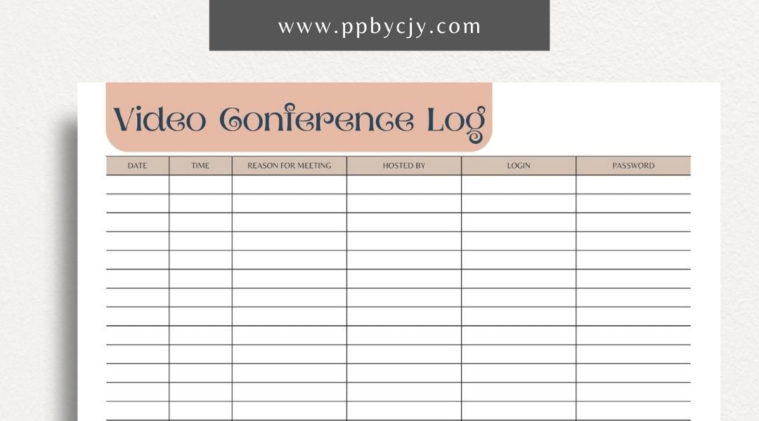 Visual representation of printable video conference log template with meeting details and participant notes.