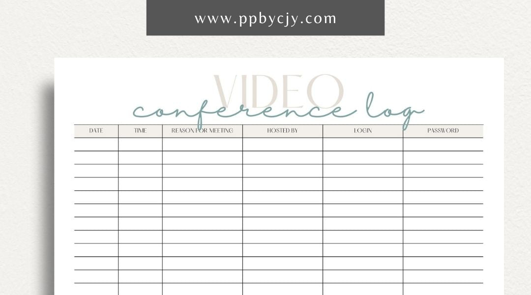 Visual representation of printable video conference log template with meeting details and participant notes.