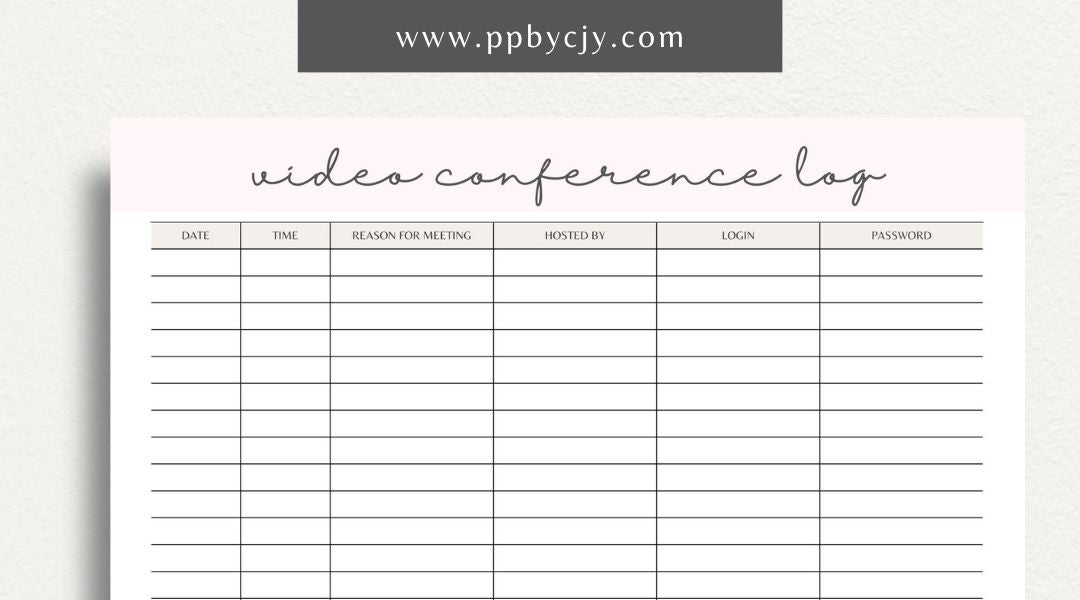 Video Conference Log Printable Template – Digital download for recording and tracking video conference details, including dates, times, participants, topics, and outcomes