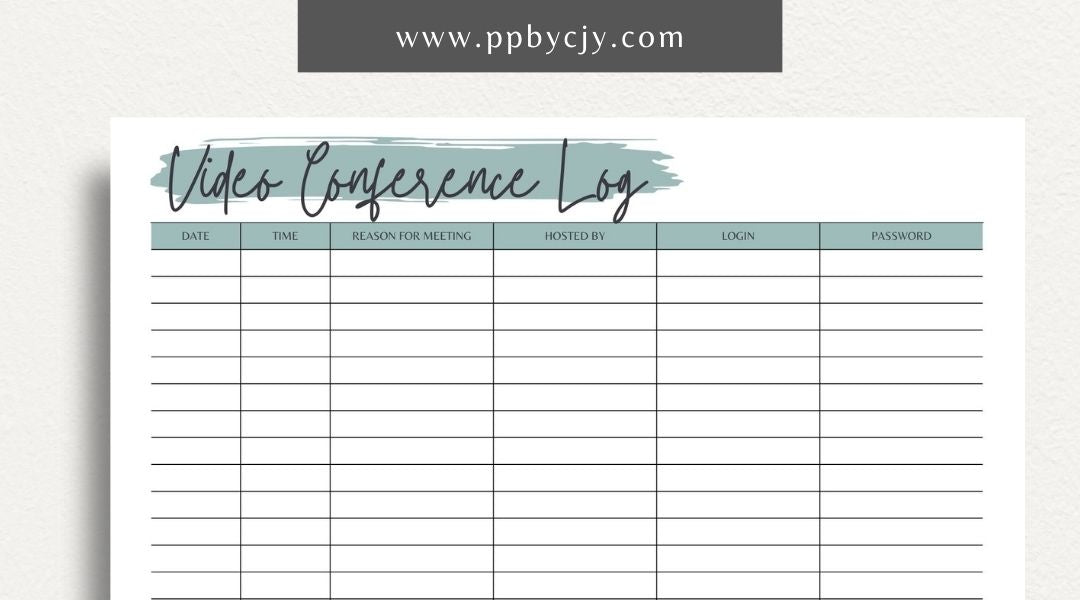 Video Conference Log Printable Template – Digital download for recording and tracking video conference details, including dates, times, participants, topics, and outcomes