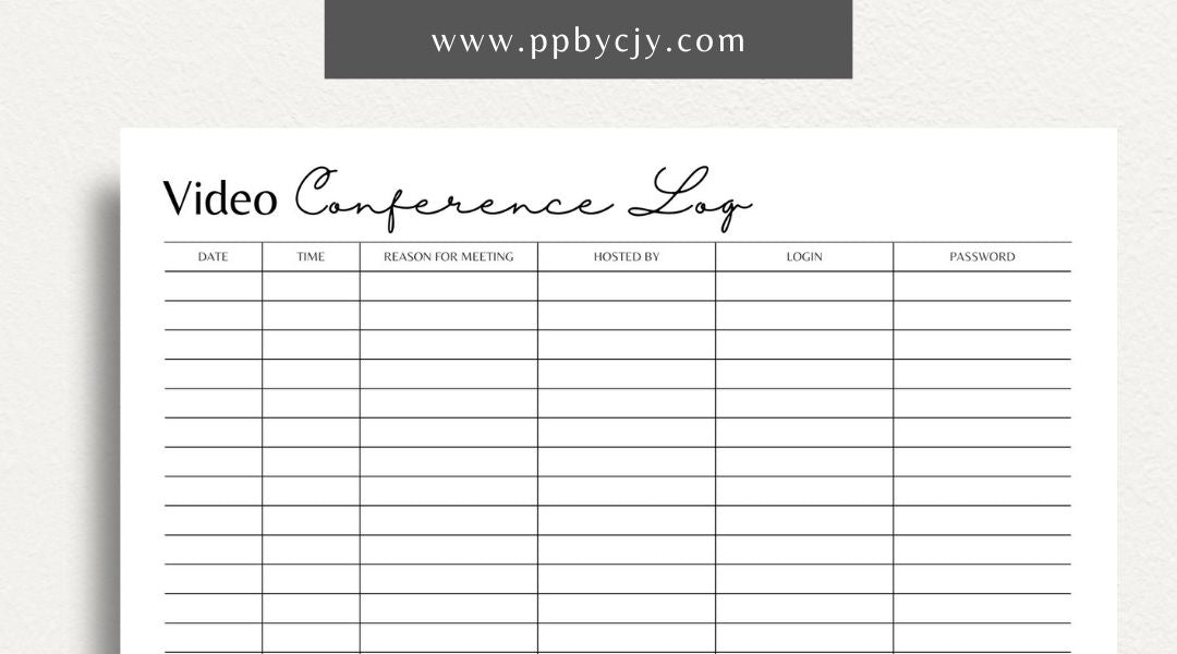 Video Conference Log Printable Template – Digital download for recording and tracking video conference details, including dates, times, participants, topics, and outcomes