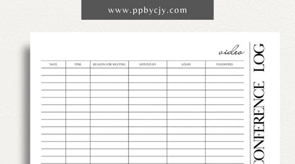 Video Conference Log Printable Template – Digital download for recording and tracking video conference details, including dates, times, participants, topics, and outcomes