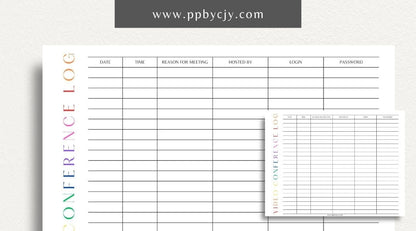 Video Conference Log Printable Template – Digital download for recording and tracking video conference details, including dates, times, participants, topics, and outcomes