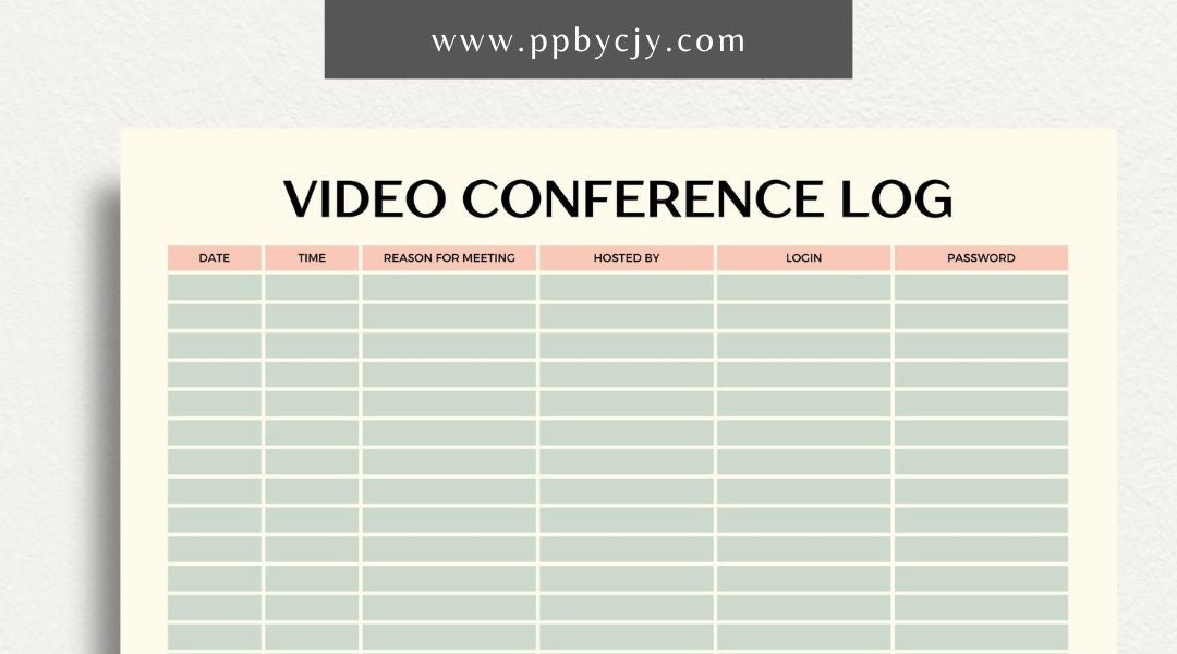 Visual representation of printable video conference log template with meeting details and participant notes.