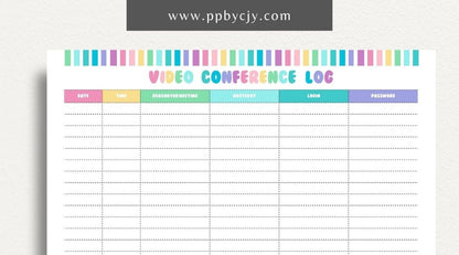 Video Conference Log Printable Template – Digital download for recording and tracking video conference details, including dates, times, participants, topics, and outcomes