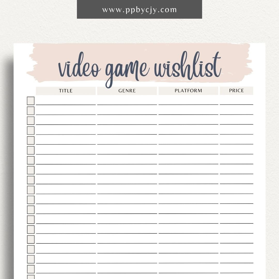 printable template page with columns and rows related to video game playing