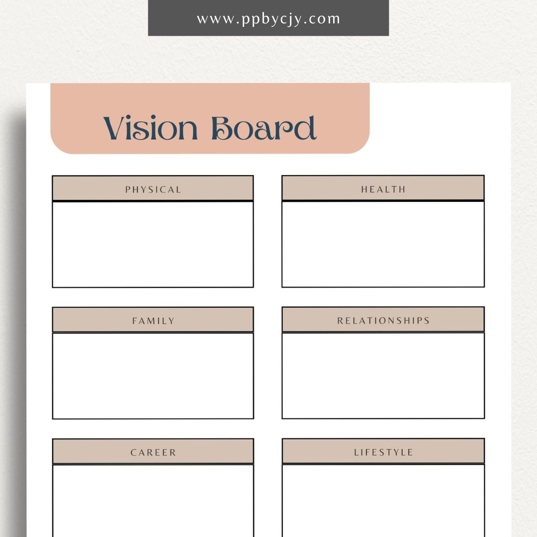 Vision Board Printable Template – Digital download for creating and organizing a visual representation of personal goals, dreams, and aspirations, with spaces for images, quotes, and notes