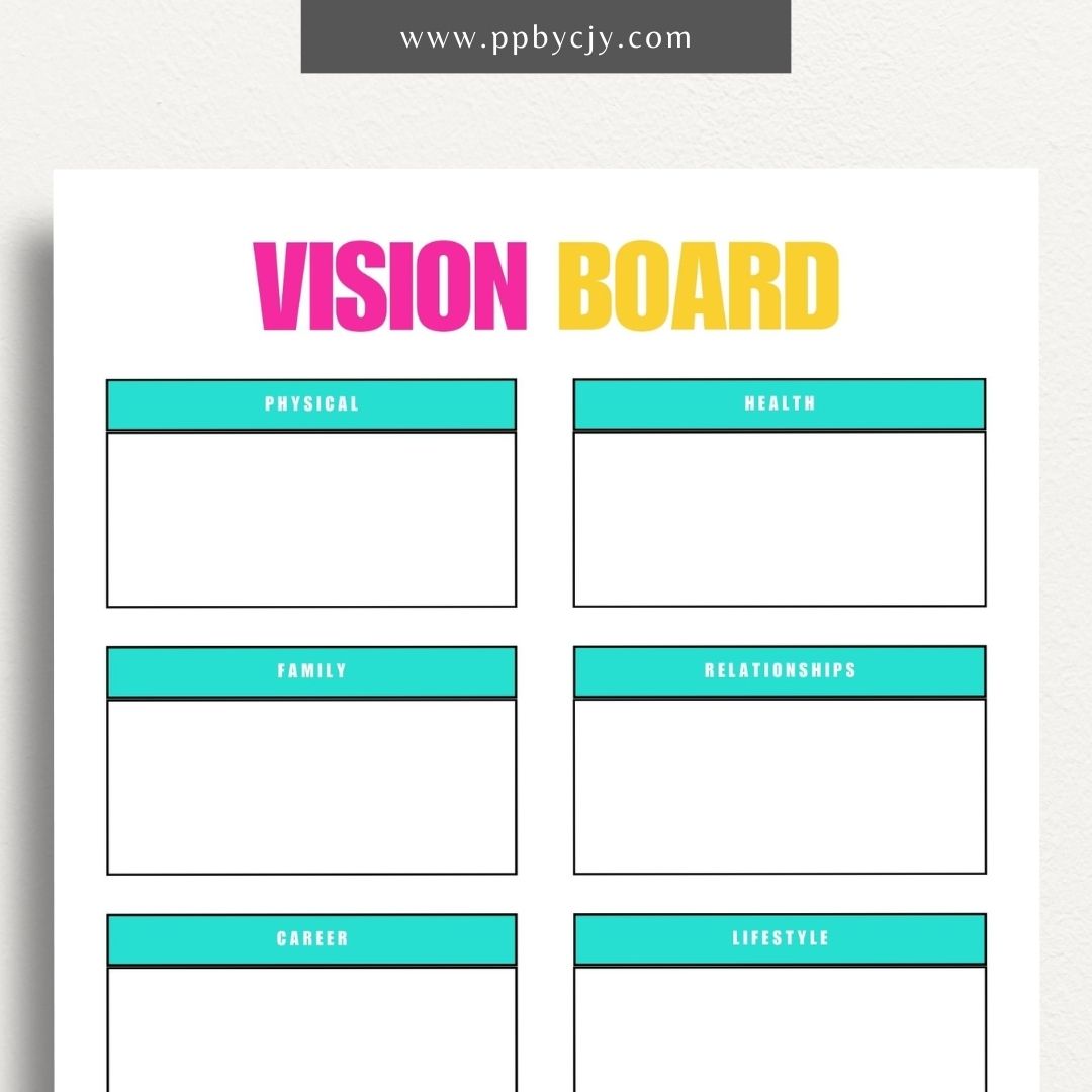 Vision Board Printable Template – Digital download for creating and organizing a visual representation of personal goals, dreams, and aspirations, with spaces for images, quotes, and notes