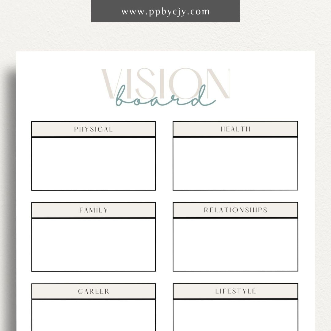 Vision Board Printable Template – Digital download for creating and organizing a visual representation of personal goals, dreams, and aspirations, with spaces for images, quotes, and notes