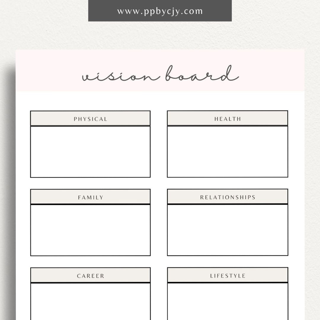 Vision Board Printable Template – Digital download for creating and organizing a visual representation of personal goals, dreams, and aspirations, with spaces for images, quotes, and notes