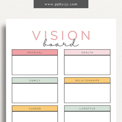 Vision Board Printable Template – Digital download for creating and organizing a visual representation of personal goals, dreams, and aspirations, with spaces for images, quotes, and notes