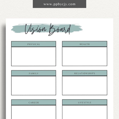 Vision Board Printable Template – Digital download for creating and organizing a visual representation of personal goals, dreams, and aspirations, with spaces for images, quotes, and notes