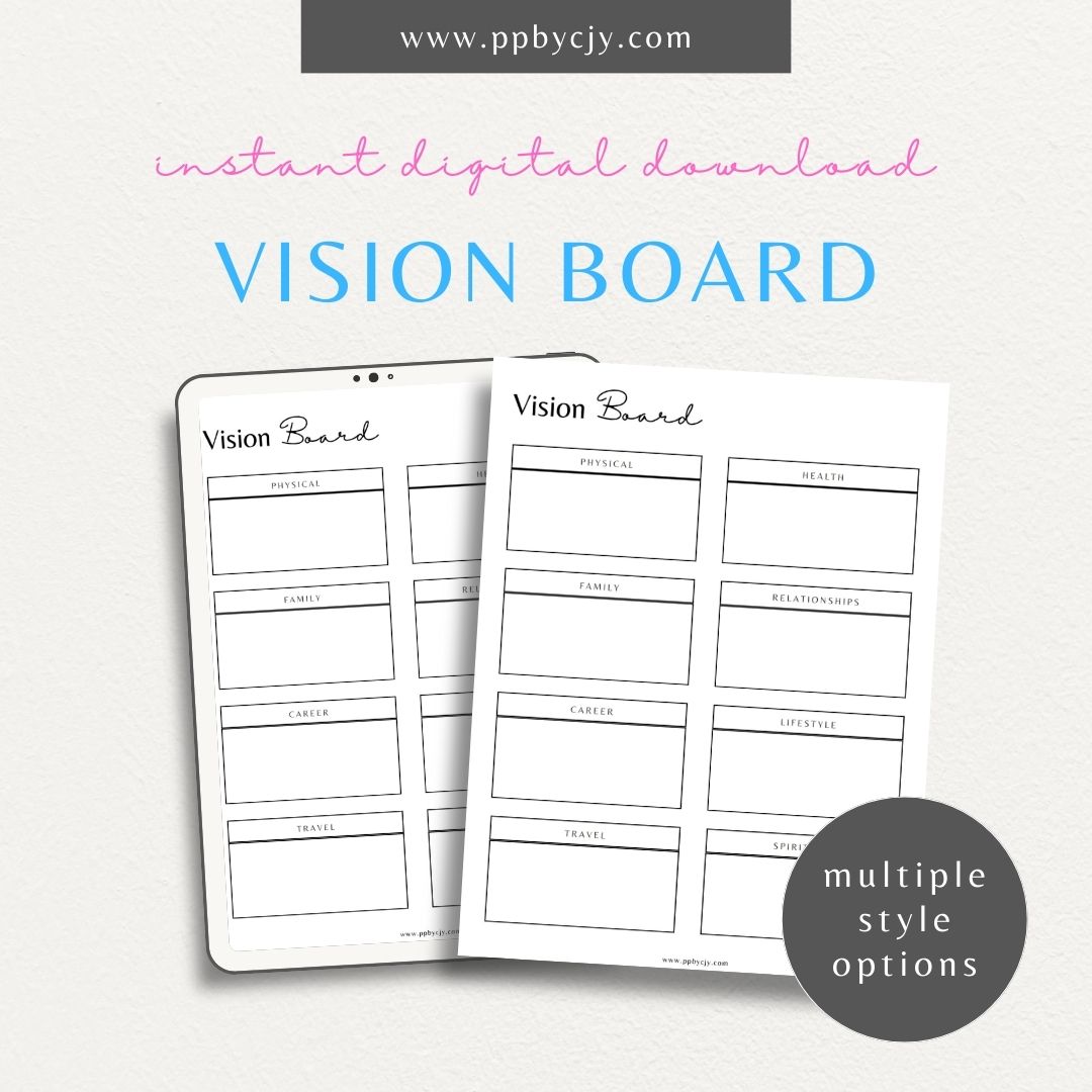 Vision Board Printable Template – Digital download for creating and organizing a visual representation of personal goals, dreams, and aspirations, with spaces for images, quotes, and notes