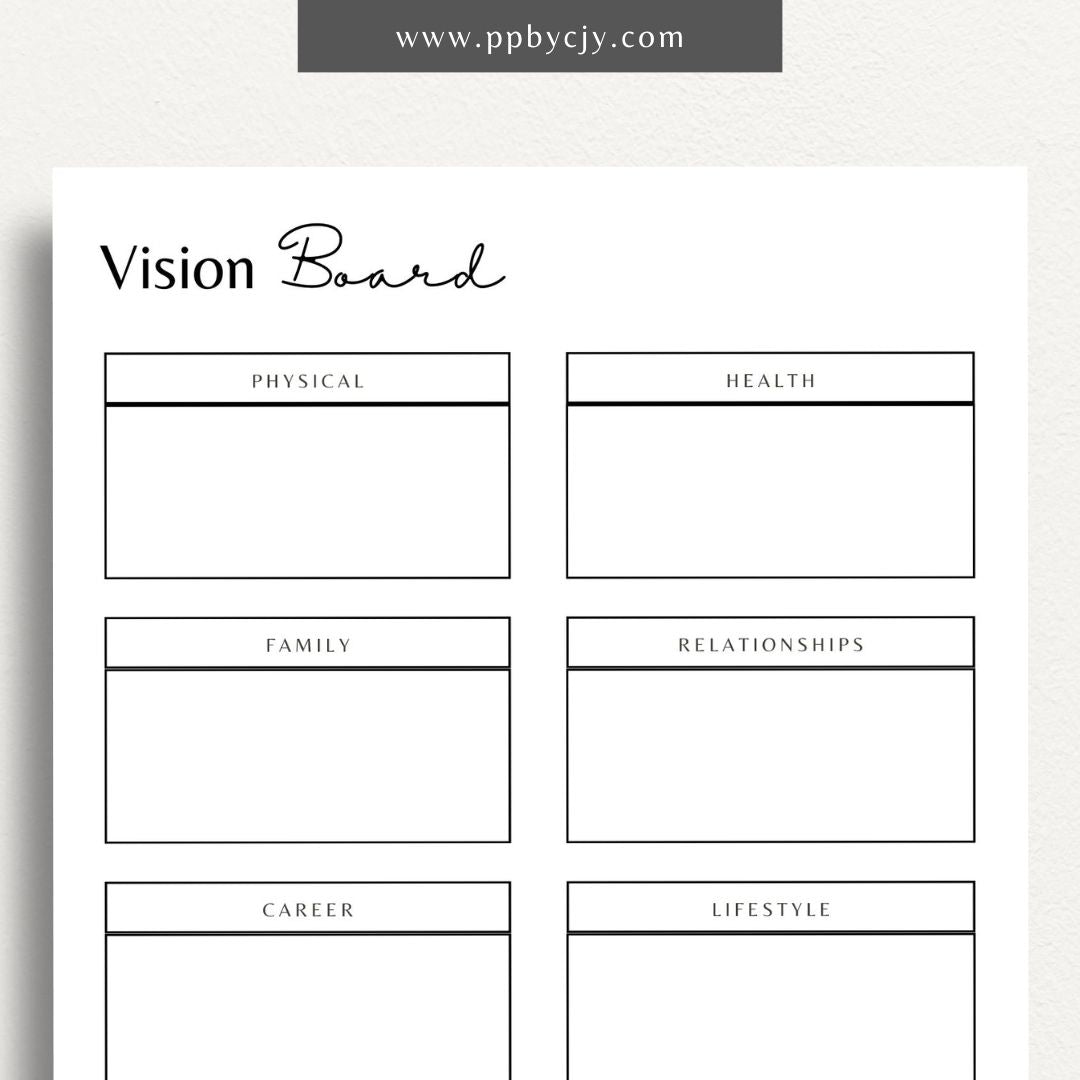 Vision Board Printable Template – Digital download for creating and organizing a visual representation of personal goals, dreams, and aspirations, with spaces for images, quotes, and notes