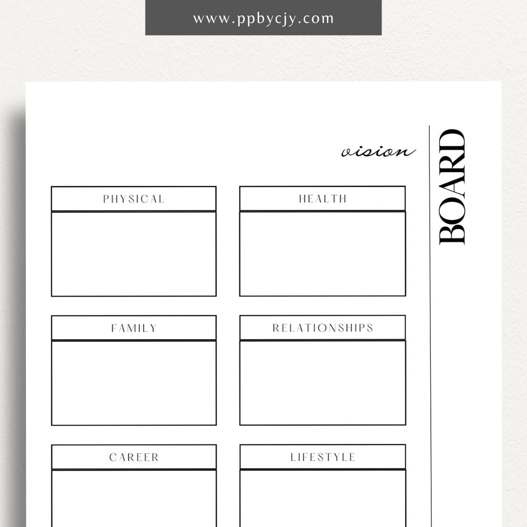 Vision Board Printable Template – Digital download for creating and organizing a visual representation of personal goals, dreams, and aspirations, with spaces for images, quotes, and notes