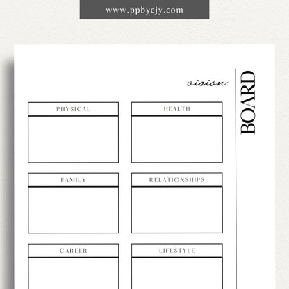 Vision Board Printable Template – Digital download for creating and organizing a visual representation of personal goals, dreams, and aspirations, with spaces for images, quotes, and notes